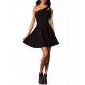 Lovely Stylish One Shoulder Hollow-out Black Mini 