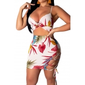Lovely Sexy Spaghetti Straps Printed Hollow-out Wh