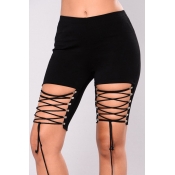Lovely Casual High Waist Hollow-out Black Shorts