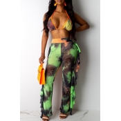 Lovely Printed Ruffle Design Army Green Two-piece 