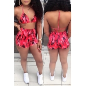 Lovely Sexy Halter Neck Printed Red Two-piece Shor