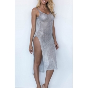 Lovely Sexy V Neck See-through Side Split Silver A