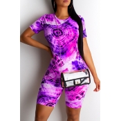 Lovely Casual O Neck Printed Purple Two-piece Shor
