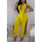 Lovely Sexy Deep V Neck Side Split Yellow One-piec