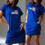 Lovely Casual O Neck Letter Printed Blue Mini Dres