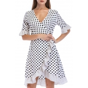 Lovely Sweet V Neck Dot Printed Ruffle Asymmetrica