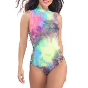 Lovely Tie-dye Printed Hollow-out Multicolor One-p