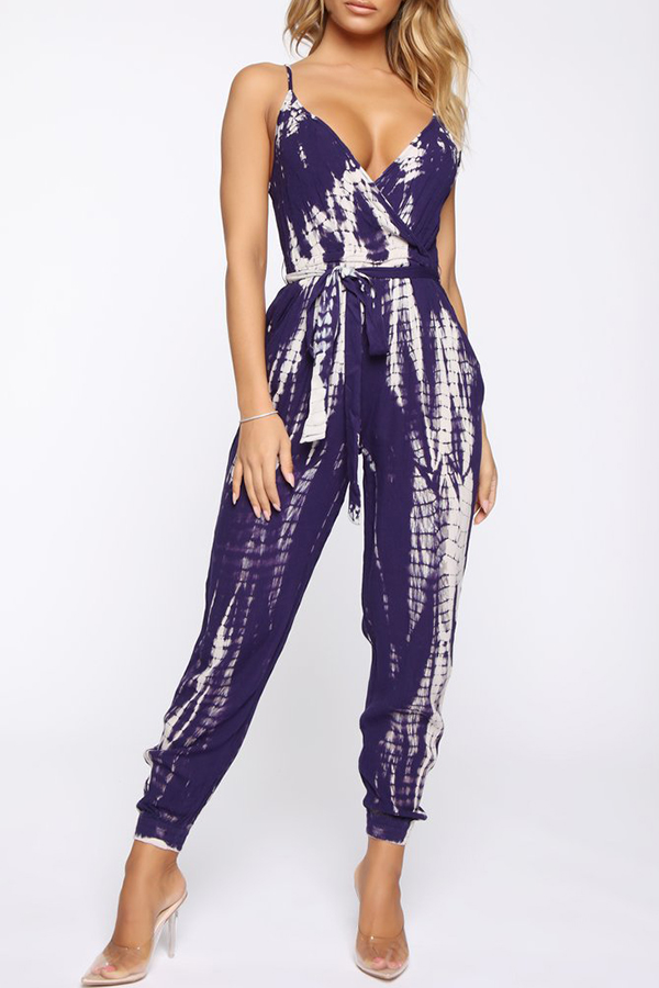 

Lovely Stylish Spaghetti Straps Printed Blue One-piece Jumpsuit