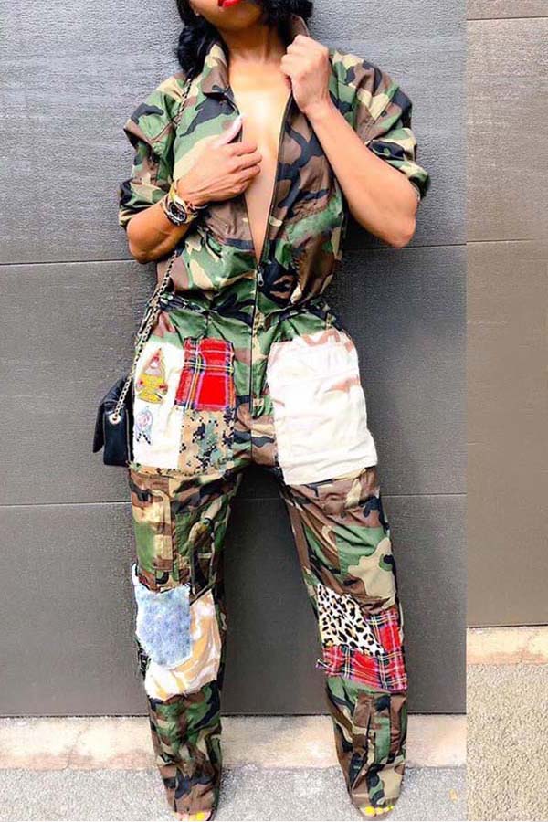 

Lovely Casual Patchwork Camouflage Printed One-piece Jumpsuit, Camo