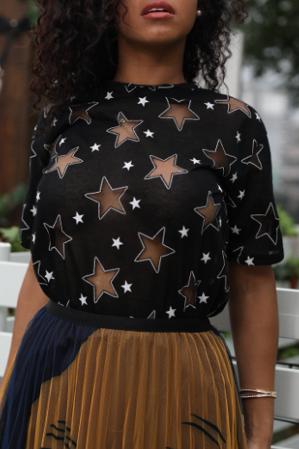 Lovely Casual O Neck Printed See-through Black T-shirt