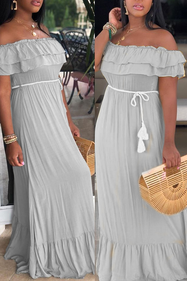 

Lovely Stylish Flounce Design Grey Maxi Dress