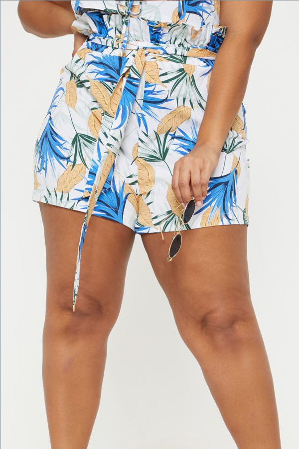 Lovely Bohemian V Neck Printed Ruffle Blue Plus Size Shorts