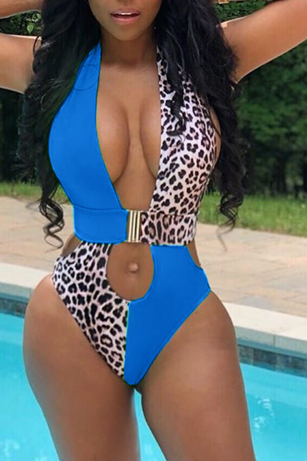 

LW Leopard Print Cut Out One-piece Swimsuit, Blue