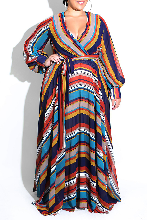 Lovely Bohemian Striped Dark Blue Floor Length Dress