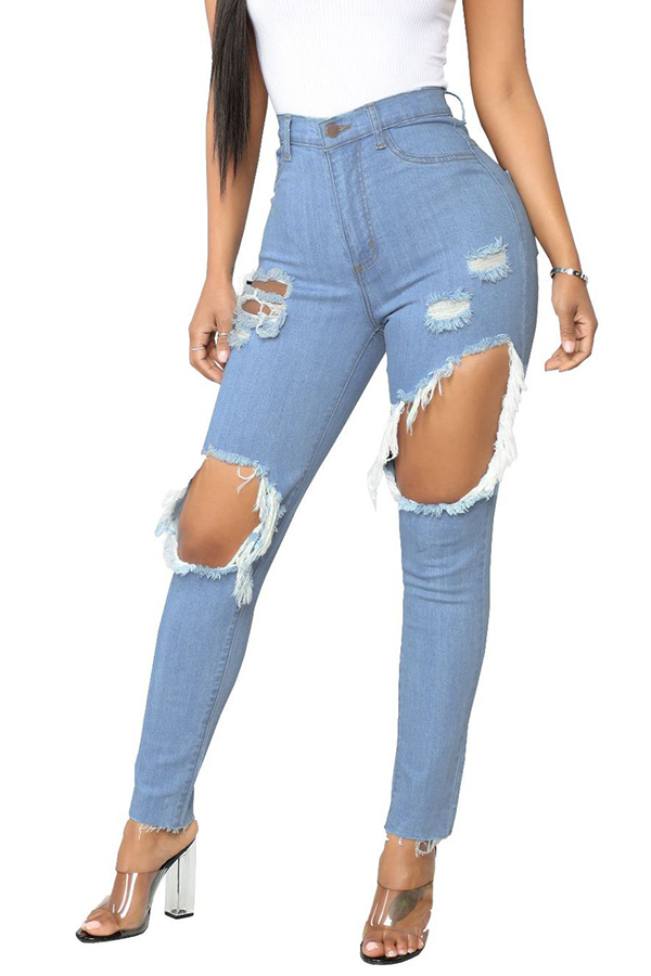 

Lovely Stylish High Waist Broken Holes Blue Jeans