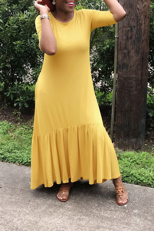 

Lovely Casual O Neck Ruffle Yellow Ankle Length Dress