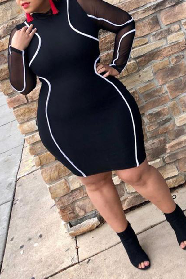 

Lovely Casual Patchwork Black Mini Plus Size Dress