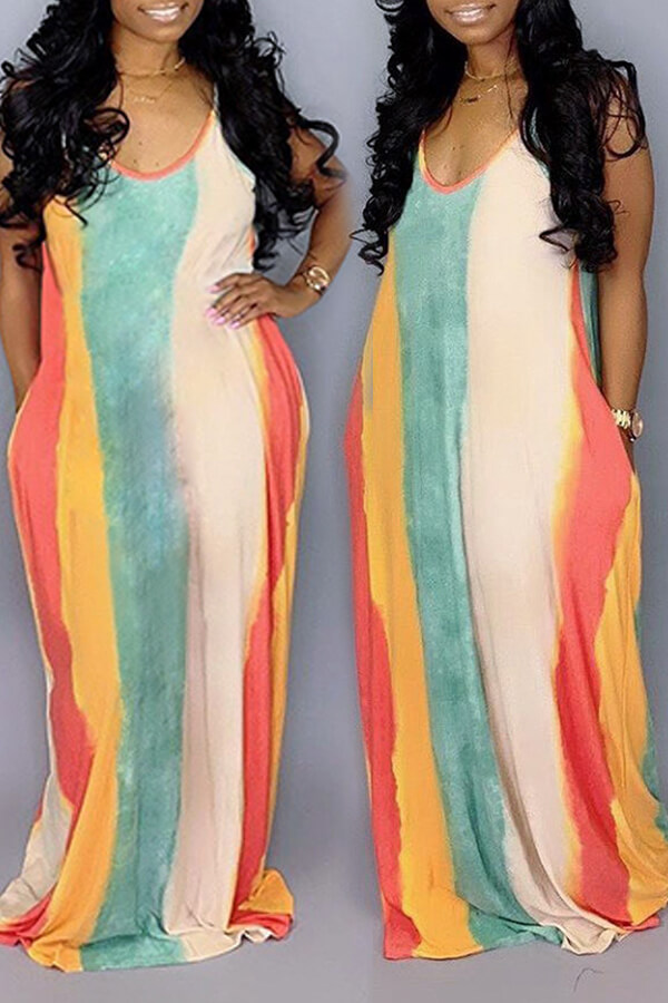 

Lovely Casual U Neck Striped Multicolor Floor Length Dress (Without Belt And Batch Print, Multi