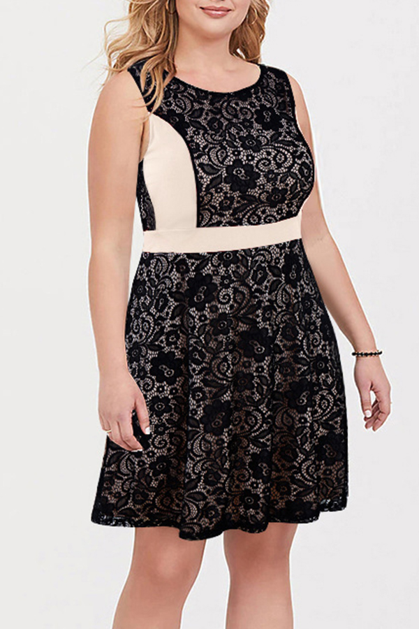 

Lovely Casual Sleeveless Patchwork Beige Knee Length Plus Size Dress