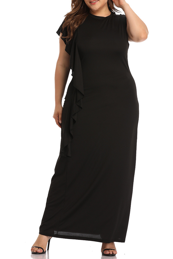 

Lovely Casual Flounce Design Black Ankle Length Dress