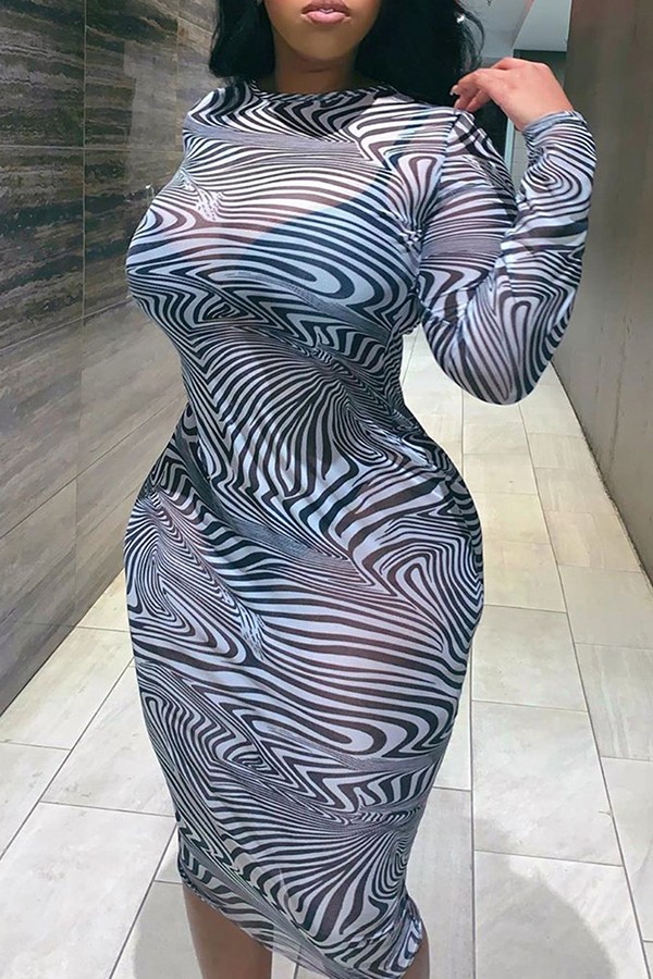 

Lovely Trendy See-through Printed Black And White Knee Length Dress