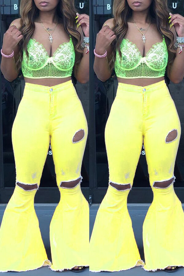 

Lovely Casual Mid Waist Broken Holes Yellow Pants