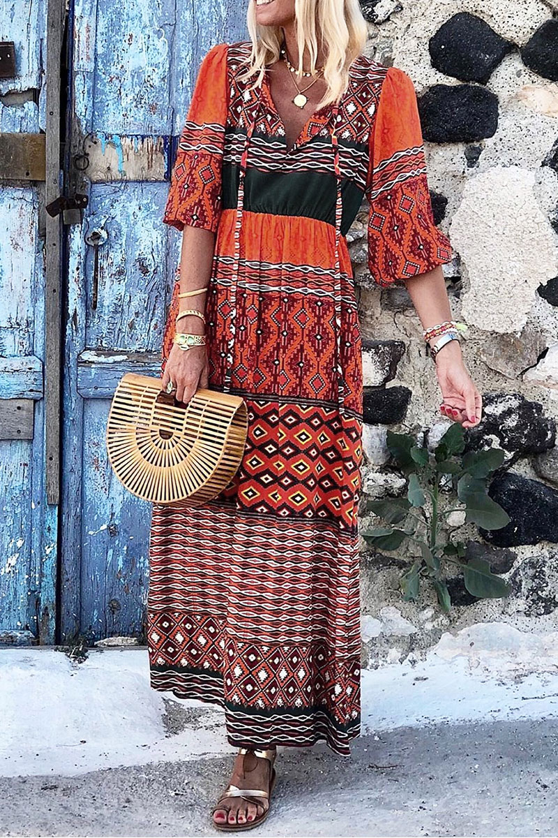 

Lovely Bohemian V Neck Printed Jacinth Ankle Length Dress(Nonelastic