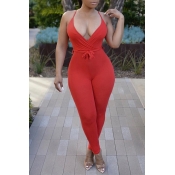 Lovely Sexy Halter V Neck Red One-piece Jumpsuit
