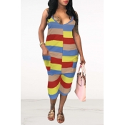 Lovely Casual V Neck Striped Patchwork Khaki One-p