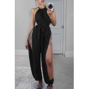 Lovely Sexy Halter Neck Side Split Black One-piece
