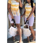 Lovely Casual O Neck Letter Printed Tassel Design 