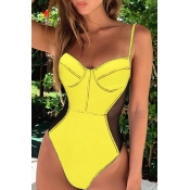 Lovely Spaghetti Straps Backless Yellow One-piece 