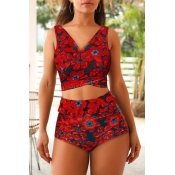 Lovely V Neck Floral Printed Red Two-piece Swimwea