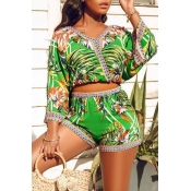 Lovely Bohemian V Neck Printed Green Two-piece Sho