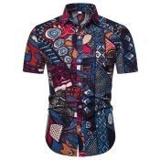 Lovely Bohemian Turndown Collar Printed Blue Shirt