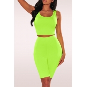 Lovely Casual U Neck Green Two-piece Shorts Set