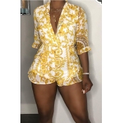 Lovely Casual V Neck Printed Yellow One-piece Romp