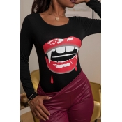 Lovely Casual O Neck Lip Printed Black Bodysuit