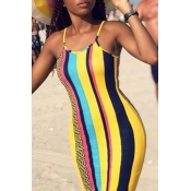 LW Chic Striped Skinny Yellow Knee Length Dress