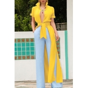 Lovely Casual Turndown Collar Lace-up Yellow Blous