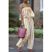 Lovely Casual Off The Shoulder Striped Yellow One-