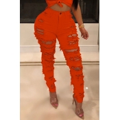 Lovely Sexy High Waist Hollow-out Orange Jeans