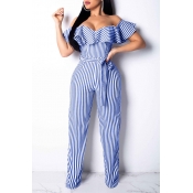 Lovely Casual Off The Shoulder Striped Blue One-pi