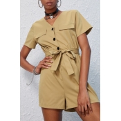 Lovely Work Buttons Design Lace-up Khaki One-piece