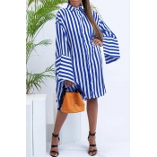 Lovely Casual Turndown Collar Striped Blue Knee Le