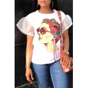 Lovely Casual O Neck Printed Gauze Patchwork White