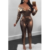 Lovely Casual Off The Shoulder Gold PU One-piece J