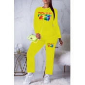 Lovely Leisure O Neck Lip Printed Yellow Two-piece