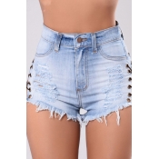 Lovely Casual Drawstring Design Baby Blue Shorts