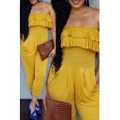 Lovely Casual Flounce Design Yellow One-piece Jump